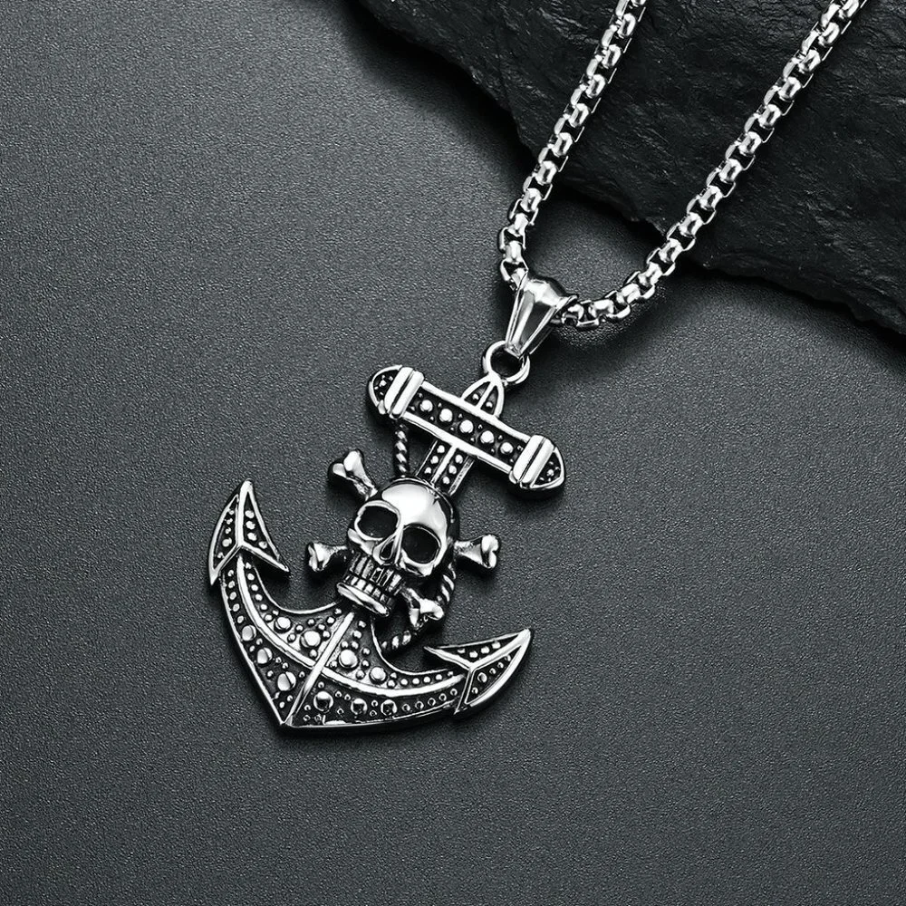 ❤️Halloween style Viking skull bat anchor necklace, N90201P146